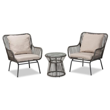 Baxton Studio Dermot Modern & Contemporary Beige Fabric and Grey Synthetic Rattan Upholstered 3-Piece Patio Set 202-12307